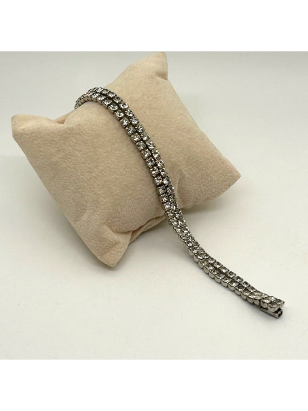 Vintage Rhinestone Double Row Tennis Bracelet Silver Tone Prong Set Box Clasp